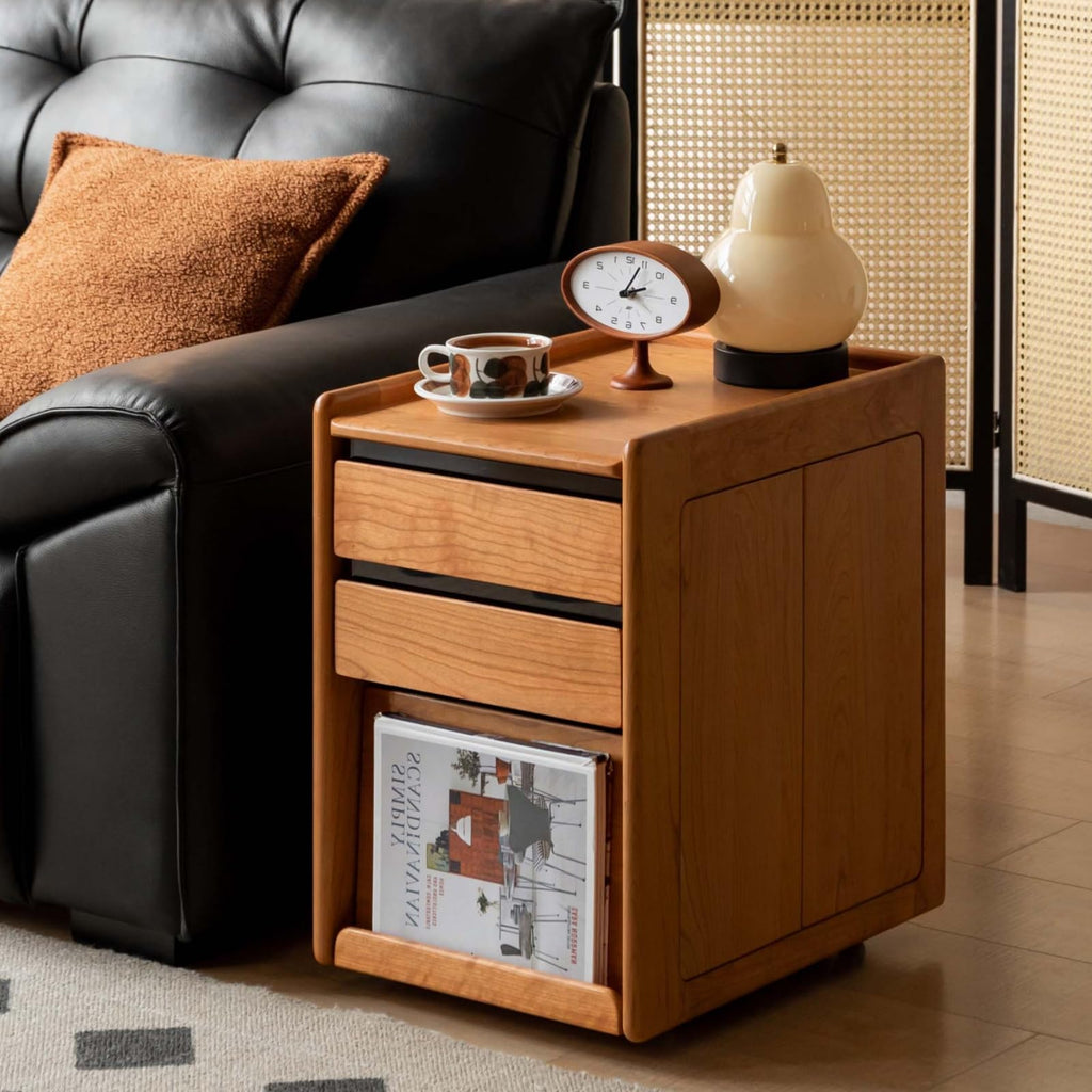 Solid Cherry Wood Side Table with Wheels X9871