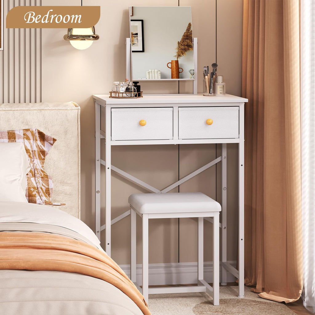 White Compact Vanity Desk with Mirror and Chair L31614