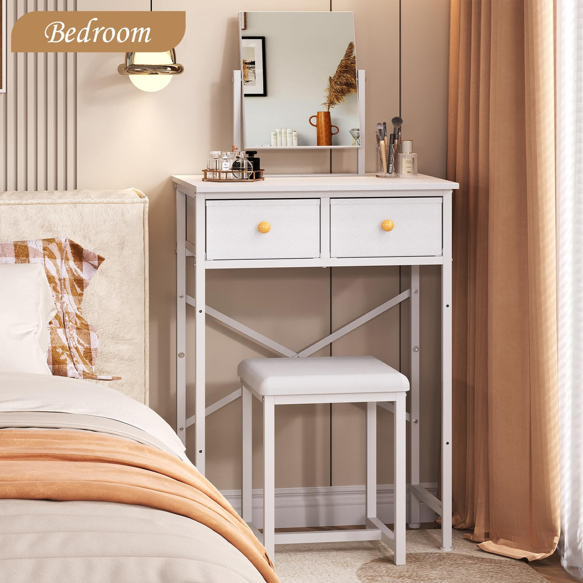 White Compact Vanity Desk with Mirror and Chair L31614