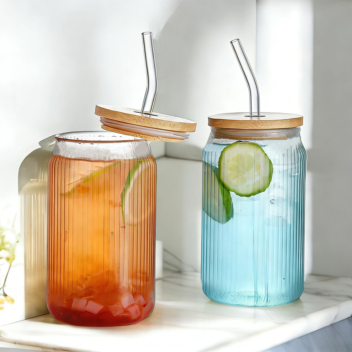 2 PCS 16 OZ Ribbed Glass Tumbler with Lids and Straws P72213
