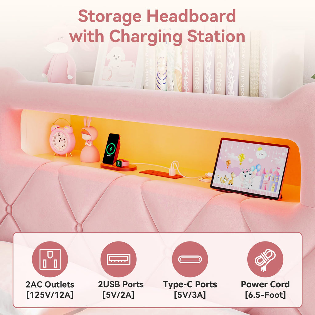 Pink Velvet Upholstered Platform Bed Frame with 2 Storage Drawers X75701