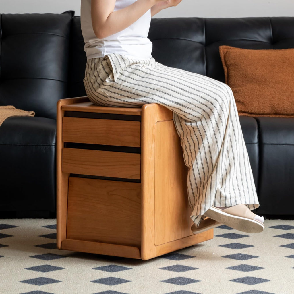 Solid Cherry Wood Side Table with Wheels X9871