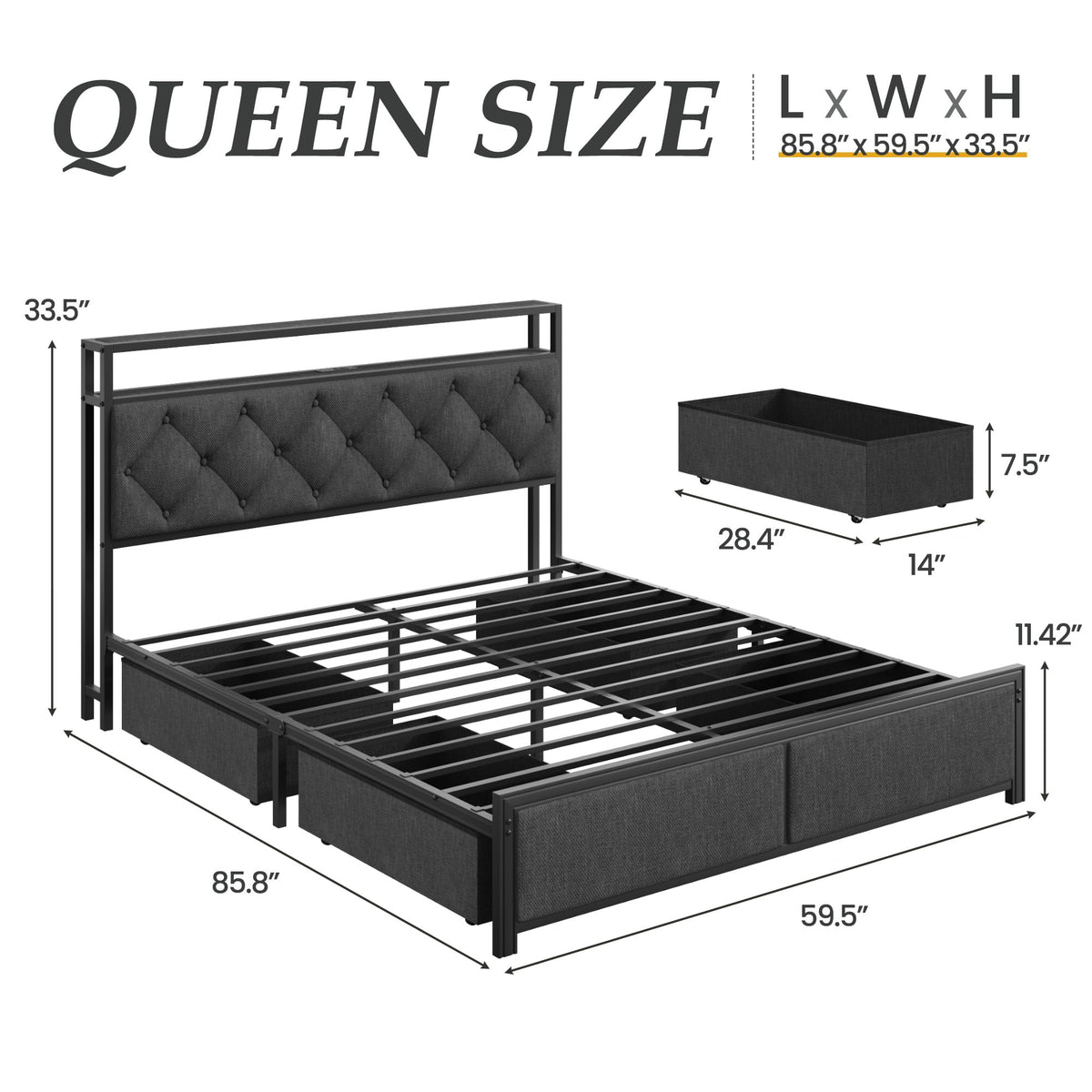Queen Size Upholstered Bed Frame with 4 Drawers and Storage Headboard H97288