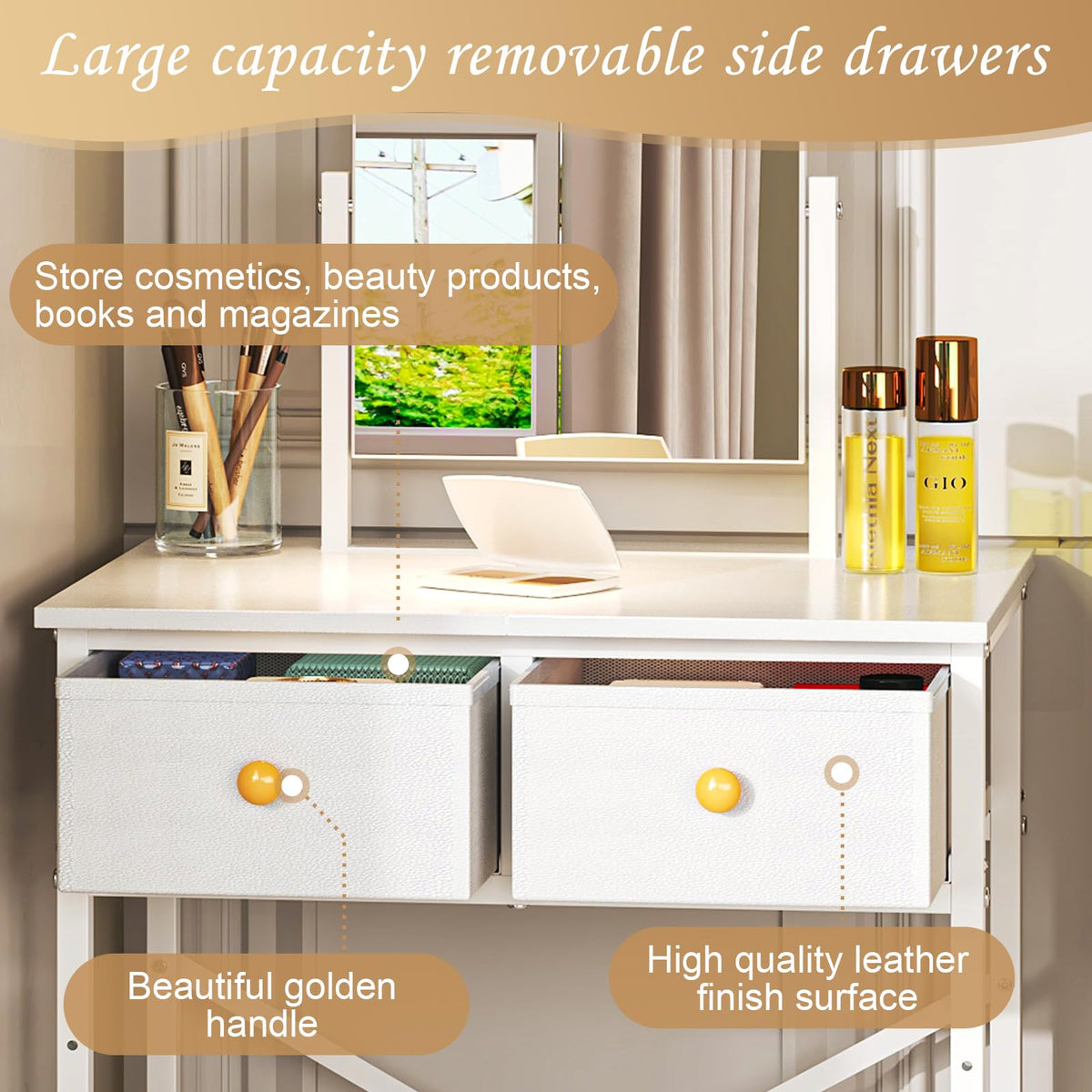 White Compact Vanity Desk with Mirror and Chair L31614