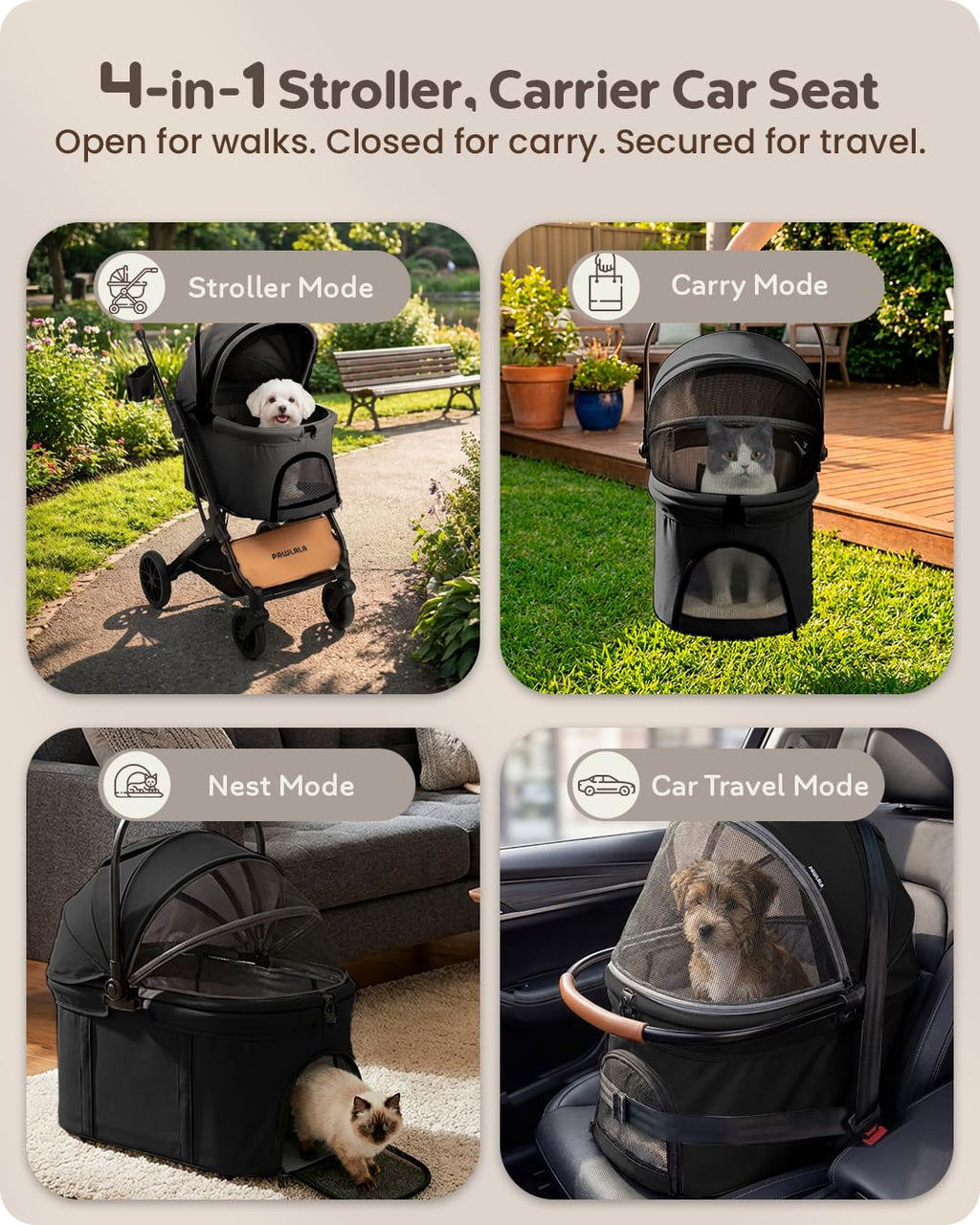 Foldable Pet Stroller with Detachable Carrier, Midnight Black A72528