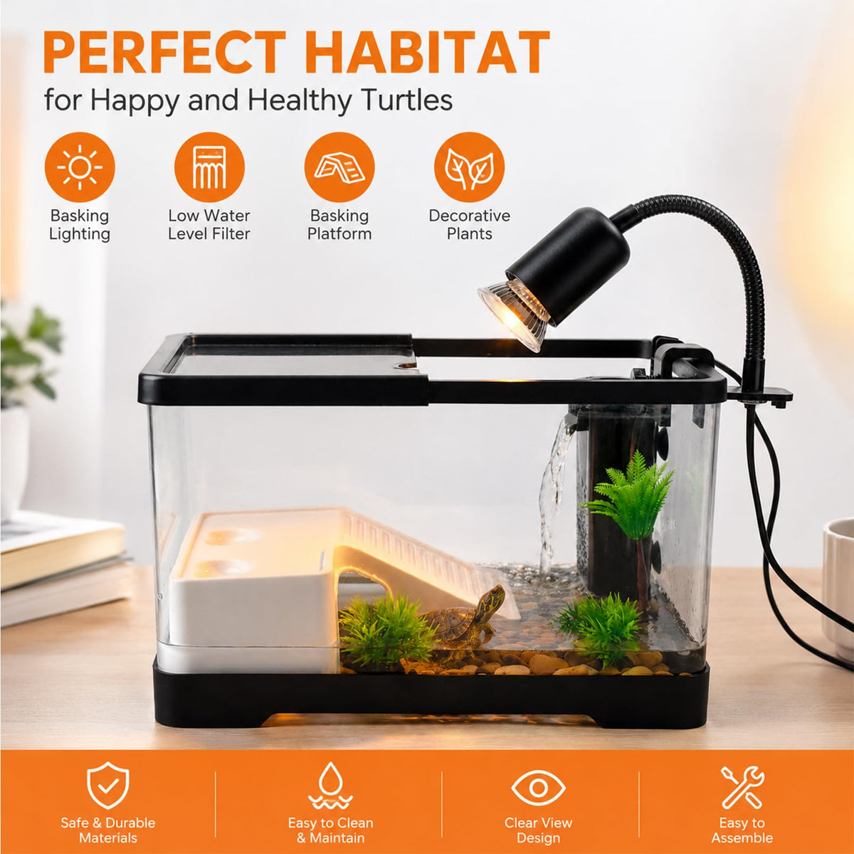 Acrylic Aquarium Starter Kit with UVB/UVA Lamp, Filter, Basking Platform & Lid N377