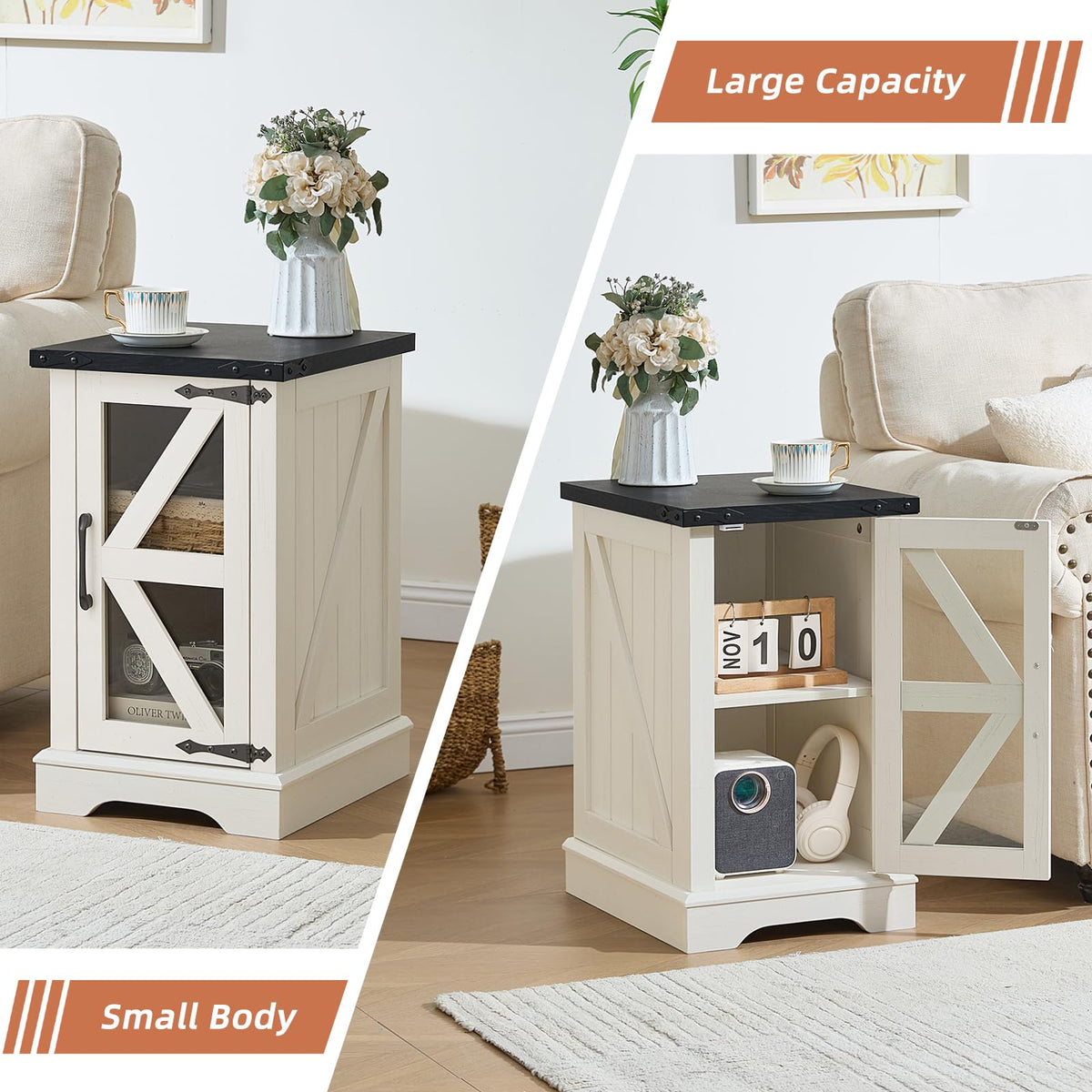 Narrow Night Stand with Glass Barn Door B8638