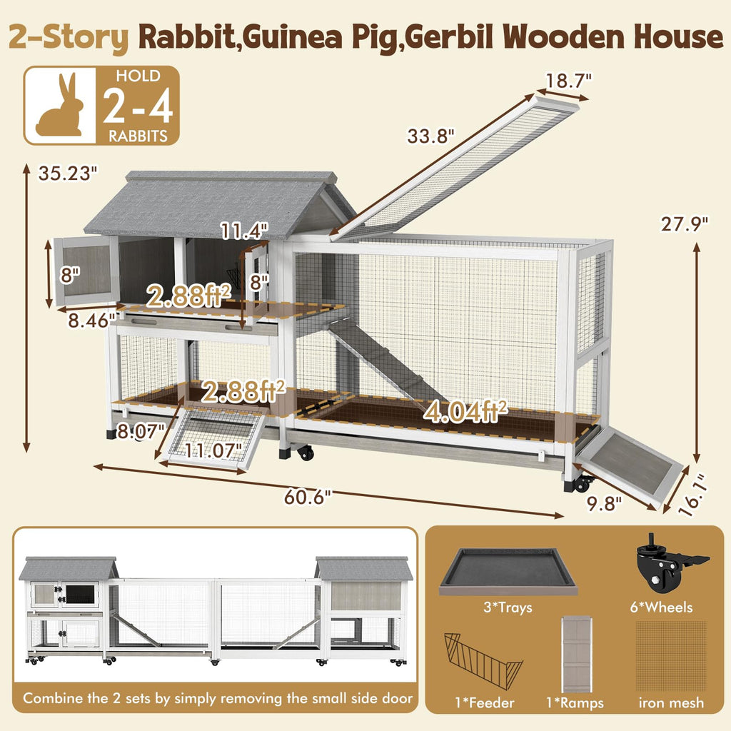 2-Story Wooden Rabbit Hutch with 3 Removable Trays E594