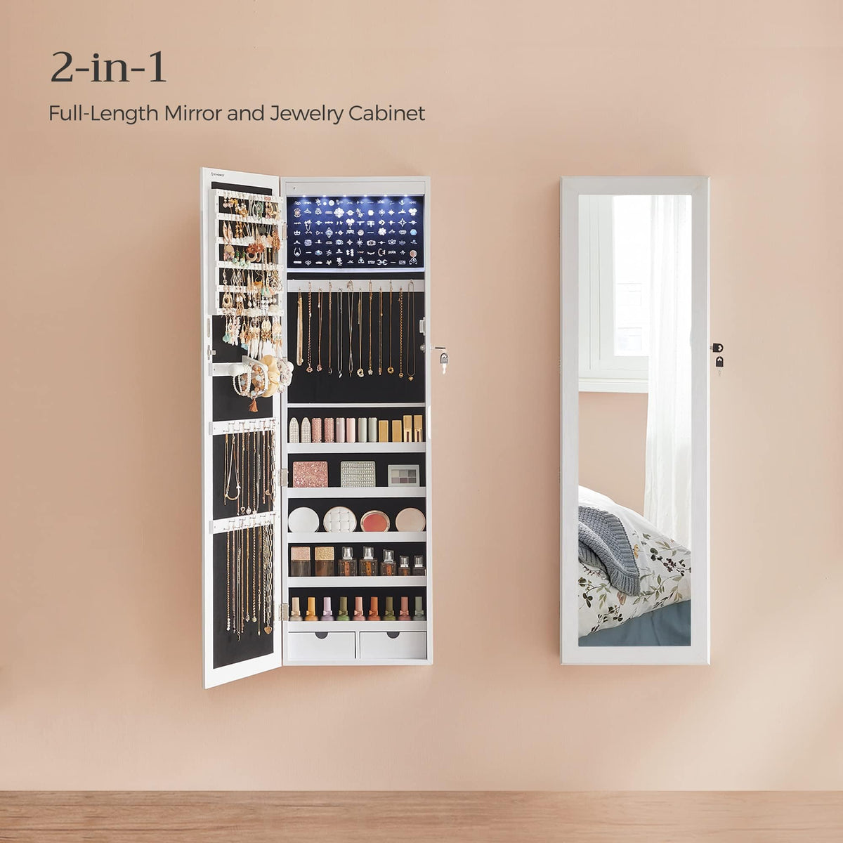 White Mirror Jewelry Cabinet with 2 Drawers Q545