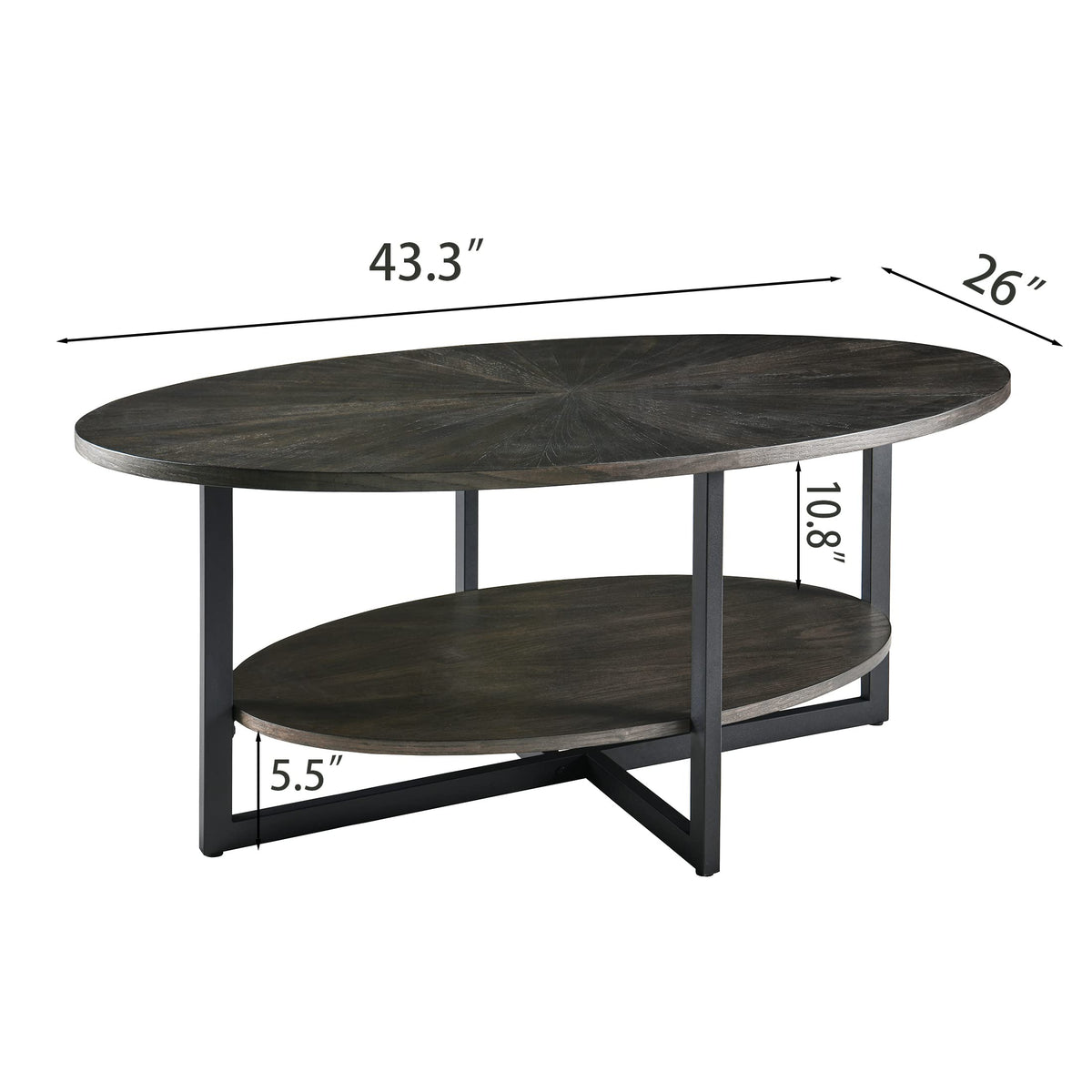 Wood Oval Coffee Table with Storage Shelf, 2-Tier, Black Brown O174