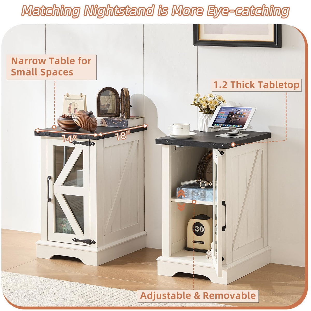 Narrow Night Stand with Glass Barn Door B8638