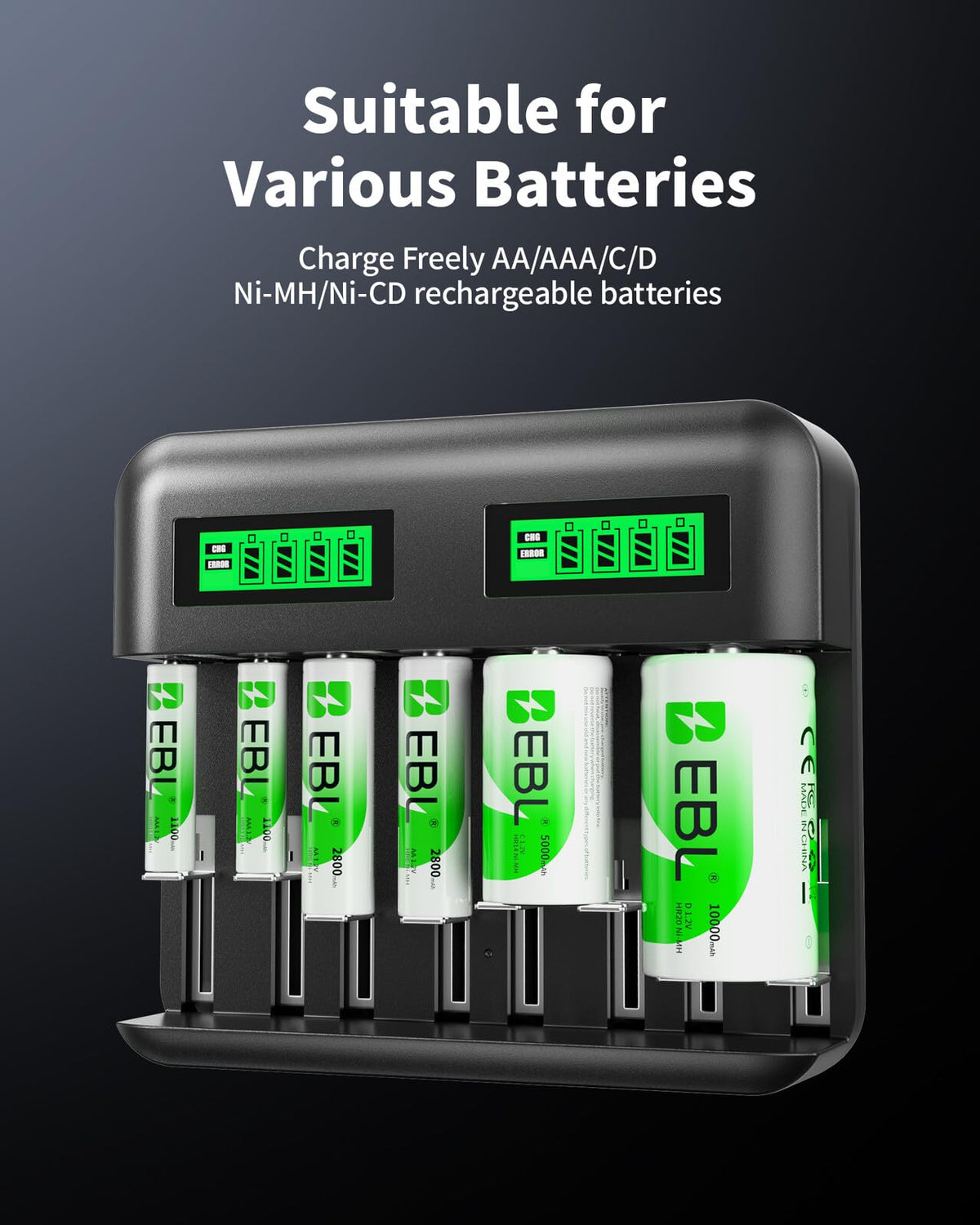 Smart Battery Charger for C D AA AAA Ni-MH Ni-CD Rechargeable Batteries 4 Pack W5431