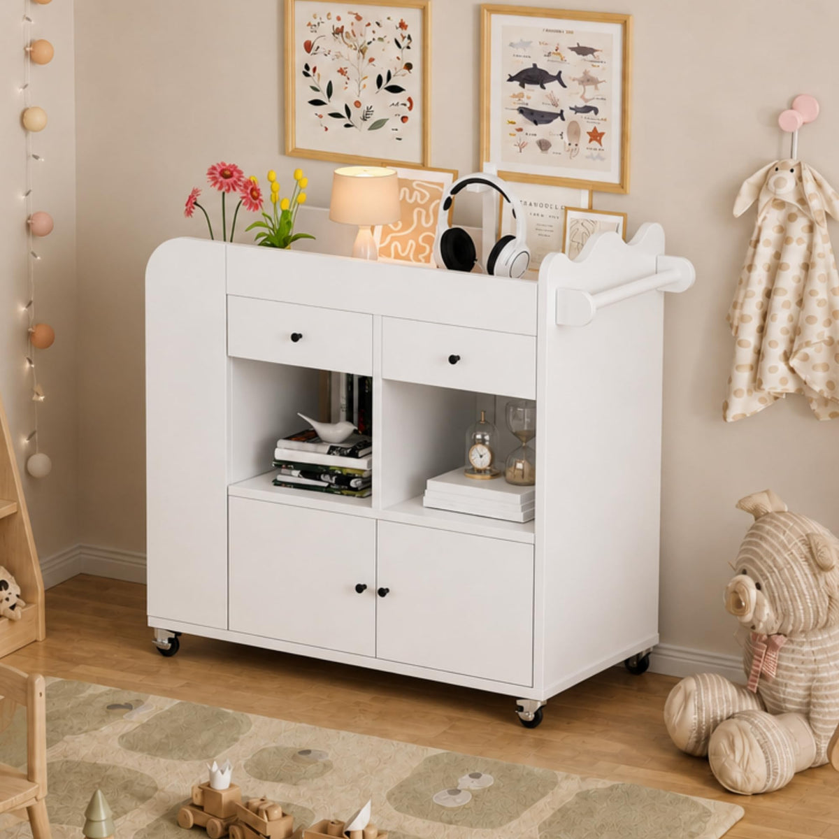 White 2 Drawer Baby Changing Table with Wheels Y2682