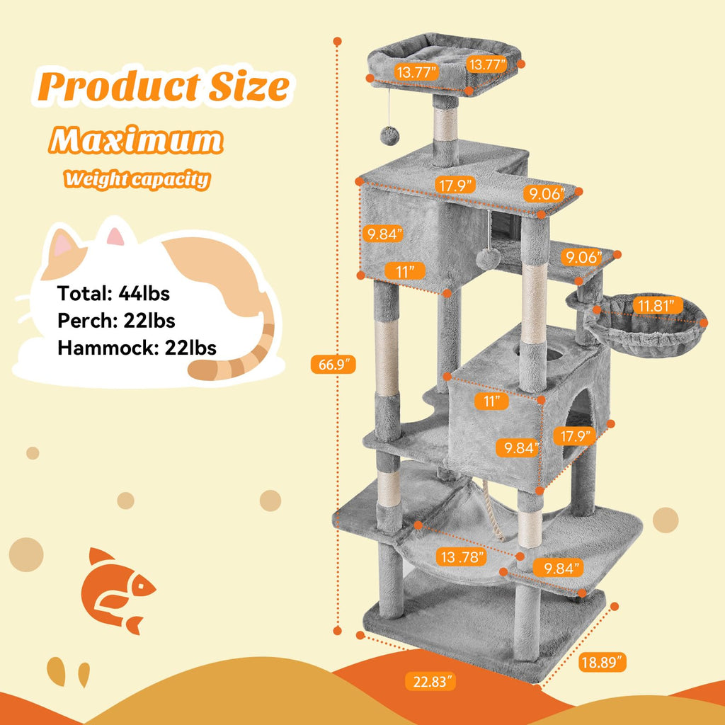 66 Inch Cat Tree Tower with Sisal Scratching Post U689