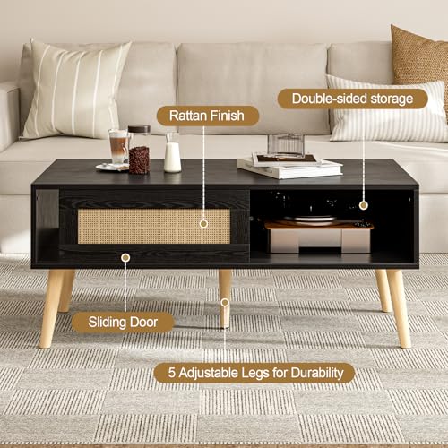Storage Coffee Table with Rattan Drawer and Solid Wood Legs I10670