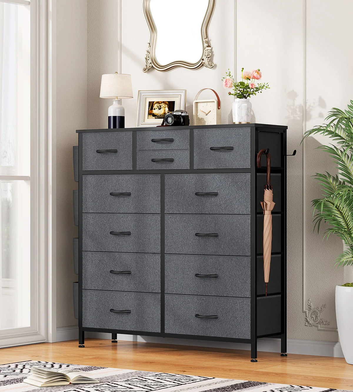 12 Drawer Fabric Dresser with Steel Frame and Wooden Top A108