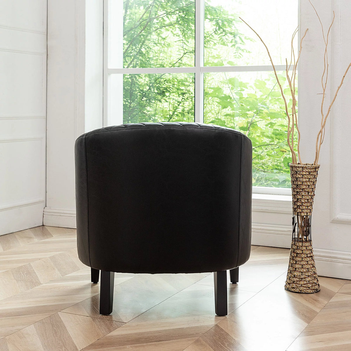 Mid Century Modern Tufted Faux Leather Barrel Armchair D335