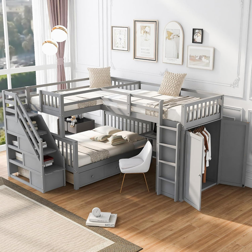 Gray Wooden Triple Bunk Bed with Desk, Storage Drawers, Stairs and Wardrobe N772