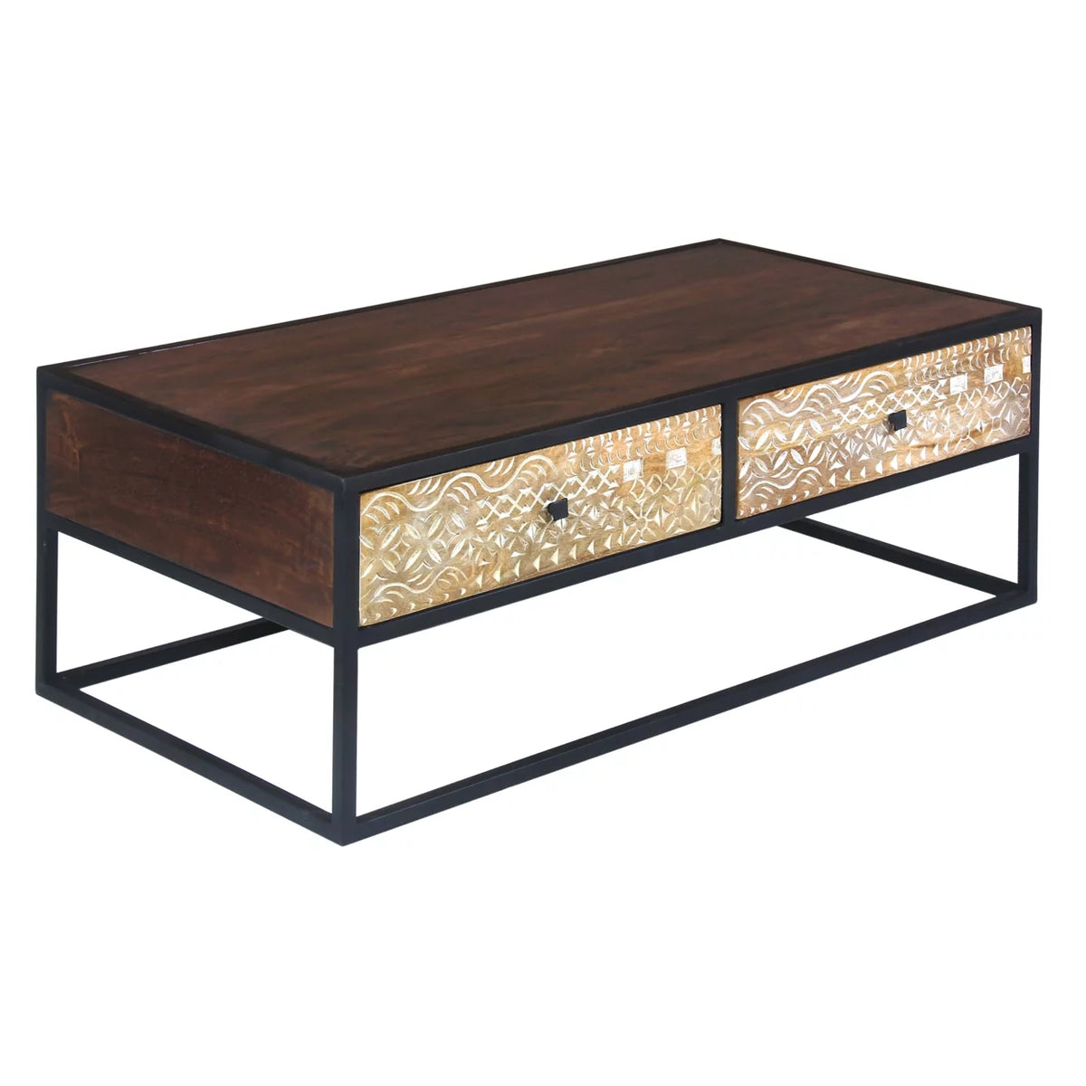 45 Inch Mango Wood Coffee Table with Metal Frame and 2 Drawers Z831