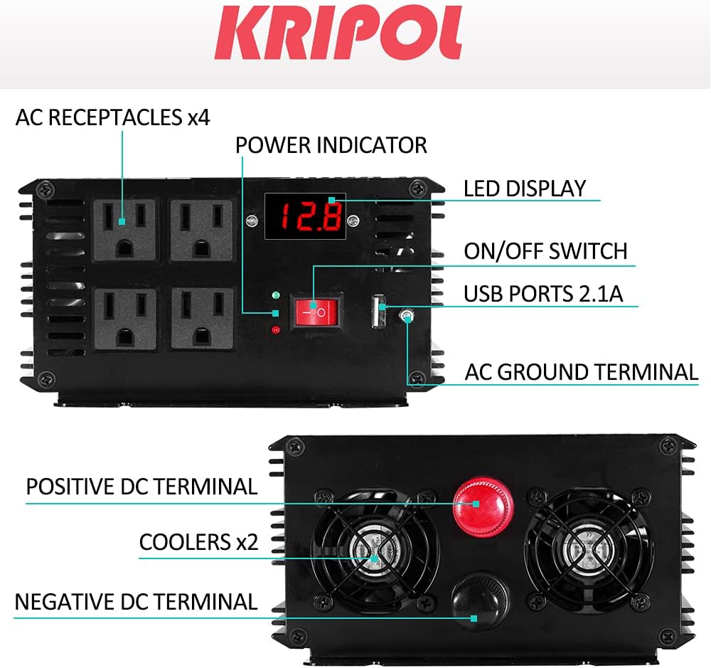 1500 Watt Pure Sine Wave Power Inverter 24v DC to 110/120v AC 60HZ with 4 AC and 1 USB Output O68773