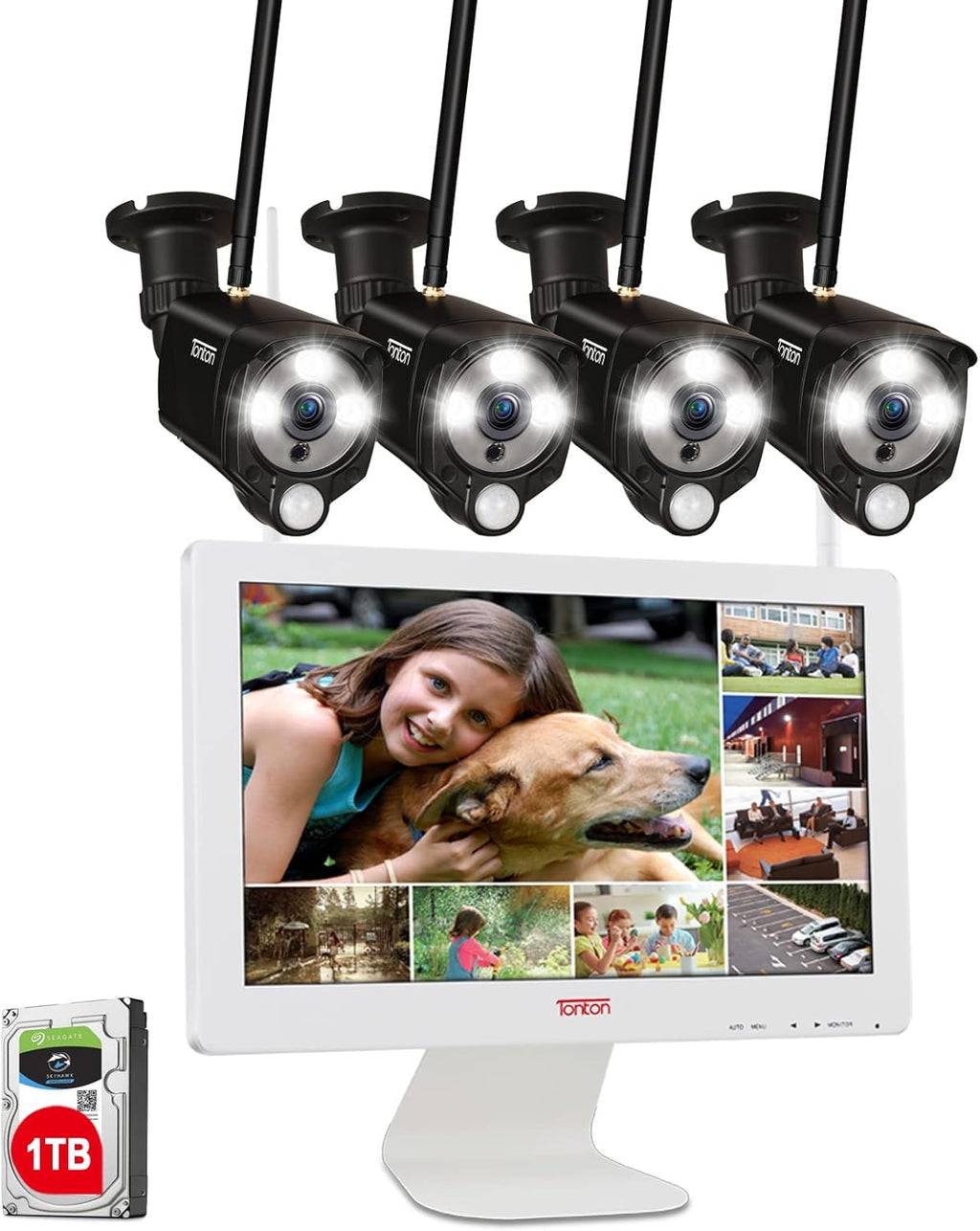 Wireless All-in-One Security Camera System with 16 Inch Monitor, 8CH WiFi NVR with 1TB HDD, 4PCS 3MP Outdoor Bullet IP Cameras with PIR Sensor, Floodlight, Black C4753