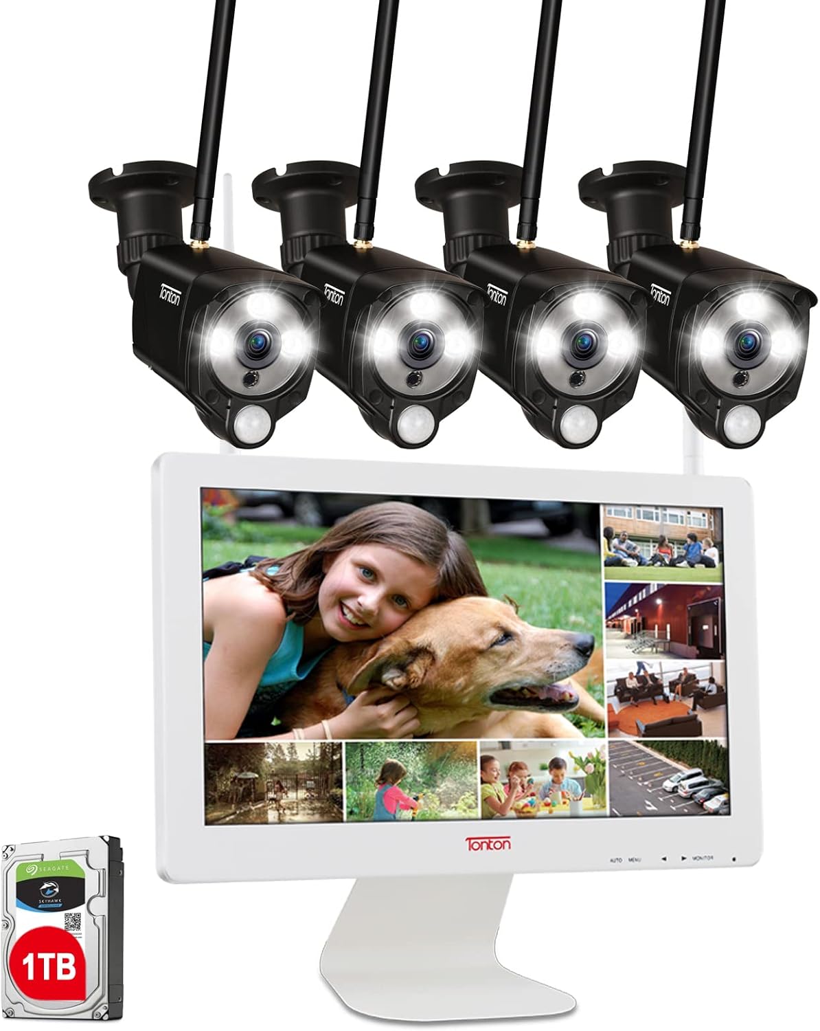 Wireless All-in-One Security Camera System with 16 Inch Monitor, 8CH WiFi NVR with 1TB HDD, 4PCS 3MP Outdoor Bullet IP Cameras with PIR Sensor, Floodlight, Black C4753