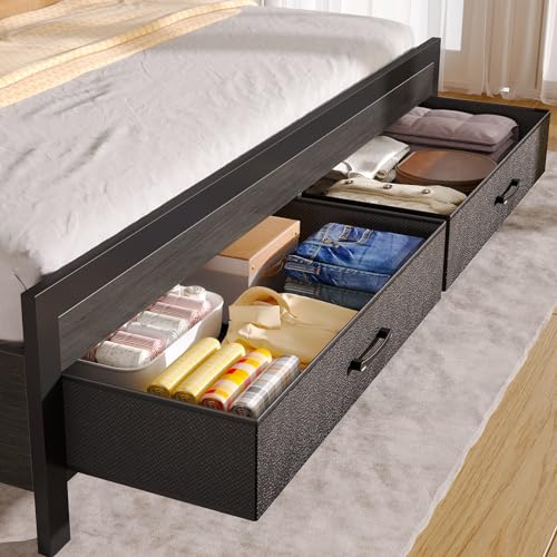 Black Full Size Upholstered Platform Bed Frame with Storage Headboard and 2 Drawers F5279