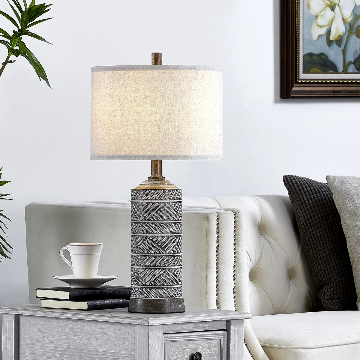 Farmhouse Table Lamp Set of 2 Weathered Wood Finish U737