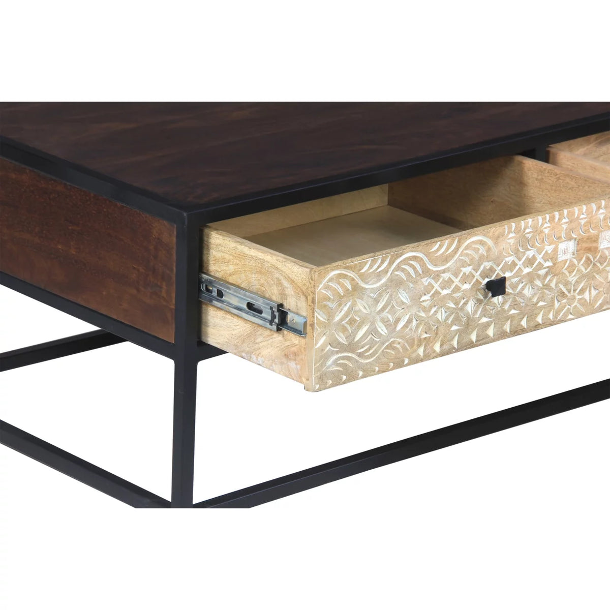 45 Inch Mango Wood Coffee Table with Metal Frame and 2 Drawers Z831