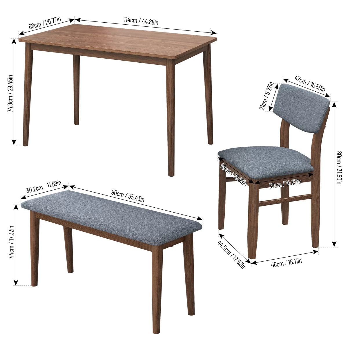 Walnut 5-Piece Dining Table Set with Grey Fabric Cushioned Chair W46546