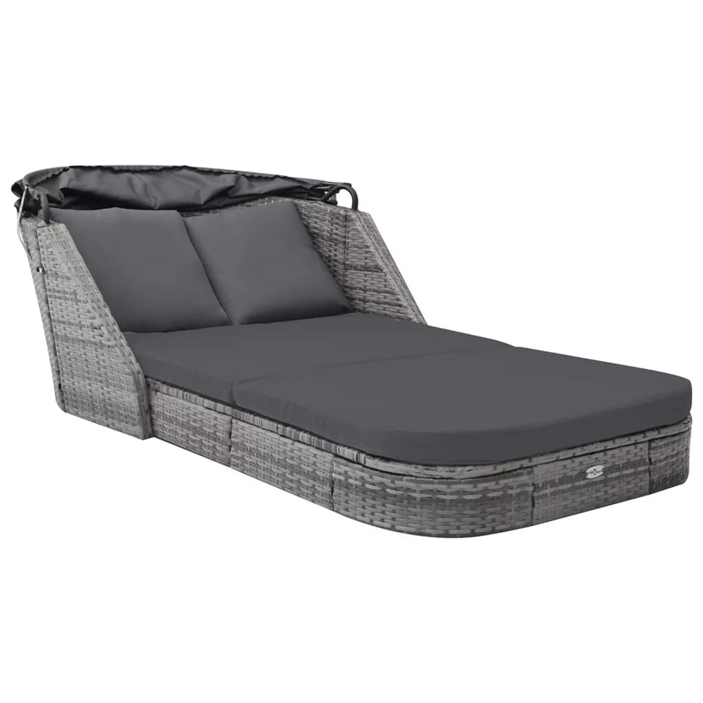 Outdoor Sun Lounger with Canopy and Cushions Poly Rattan Sun Bed Y5977