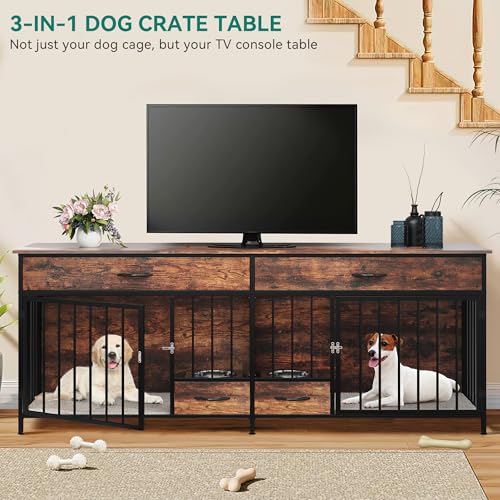 Brown Wooden Double Dog Crate TV Stand with Storage R580955
