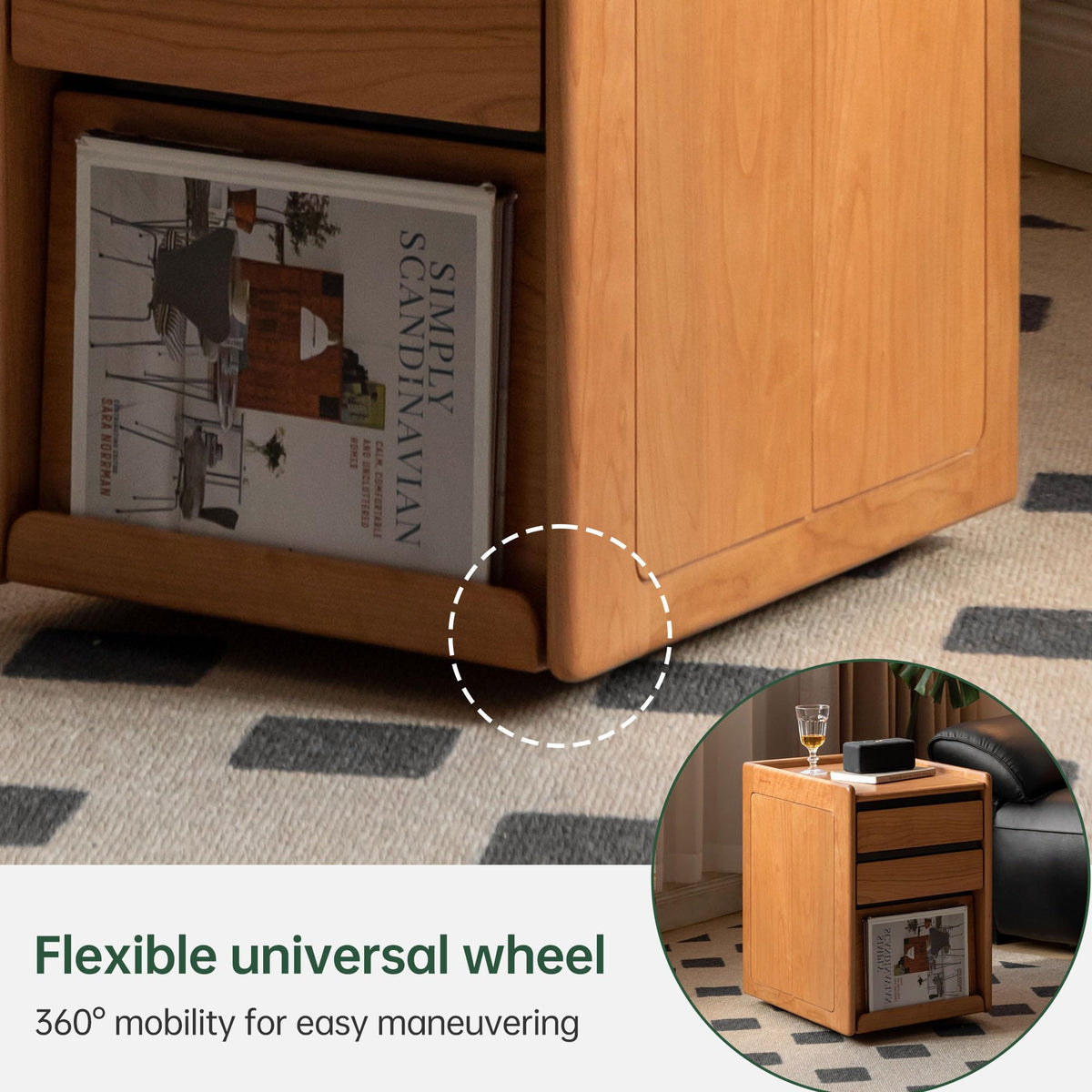 Solid Cherry Wood Side Table with Wheels X9871