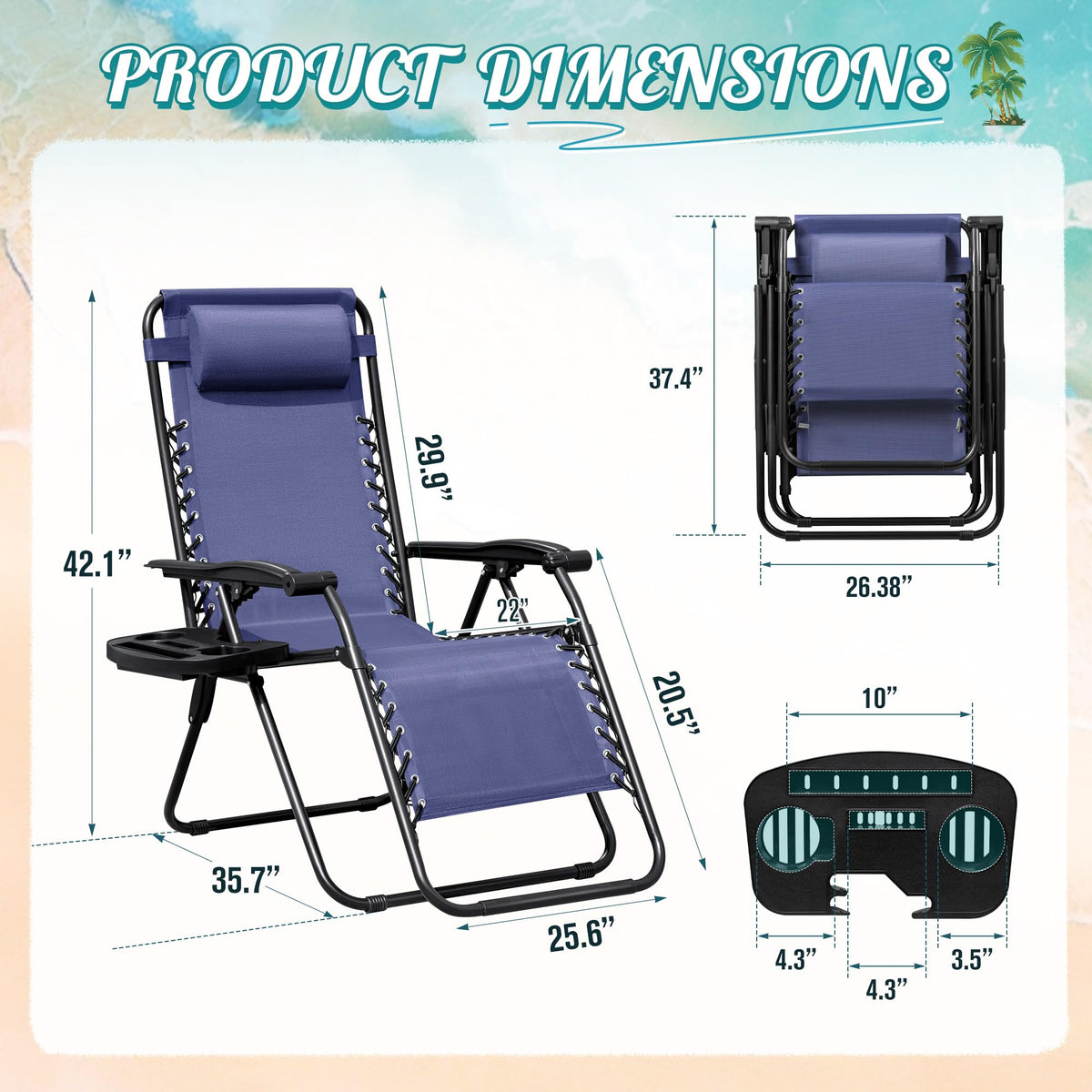 Zero Gravity Chair with Cup Holder Pillows Set of 2 Blue J923173