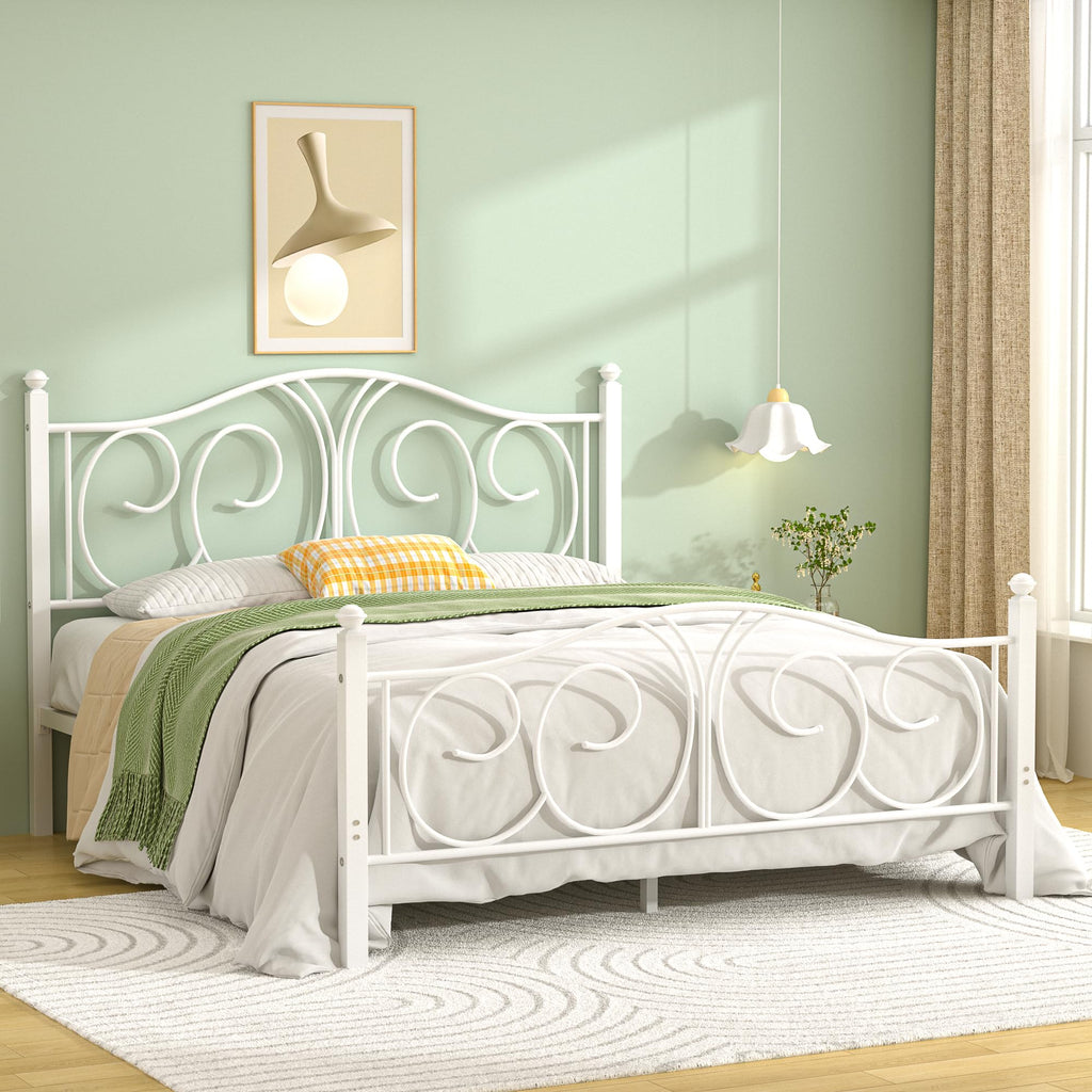 Full Size Pure White Metal Platform Bed Frame with Headboard and Footboard O496