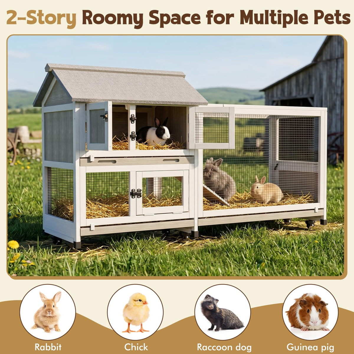 2-Story Wooden Rabbit Hutch with 3 Removable Trays E594
