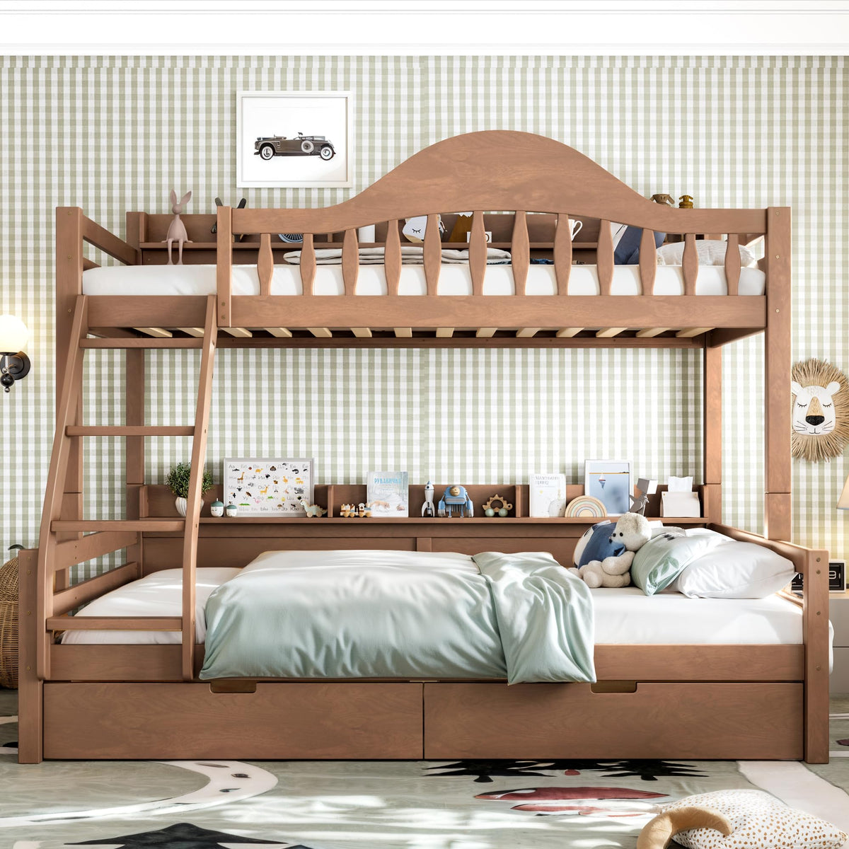 Twin Over Full Size Wooden Bunk Bed with Drawers & Ladder E19602