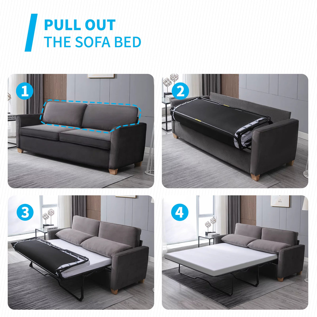 Queen Dark Grey Pull Out Sofa Bed with Memory Foam Mattress L5111