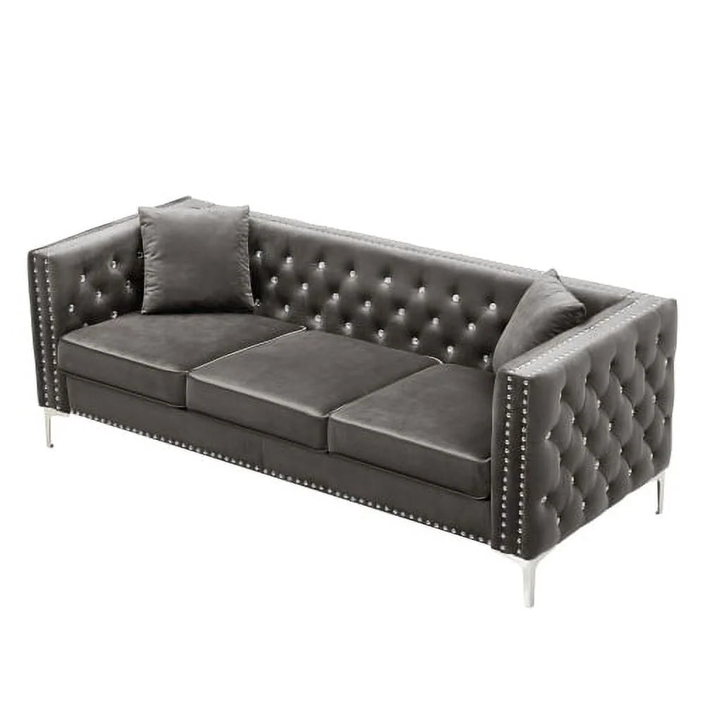 Grey Velvet Sofa with 2 Pillows I38849