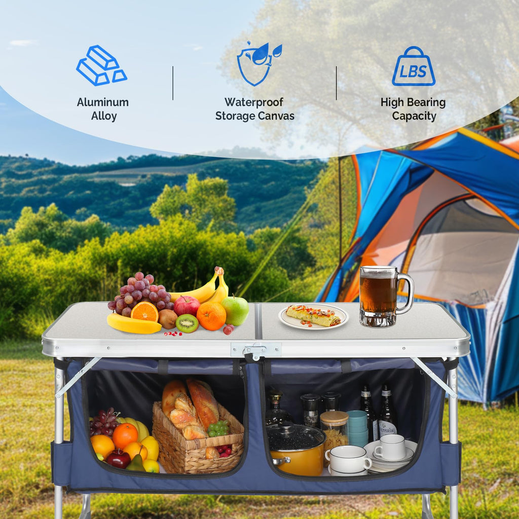 Folding Camping Table with Storage, 3 Height Adjustable, Lightweight, 4 Ft Aluminum A228684