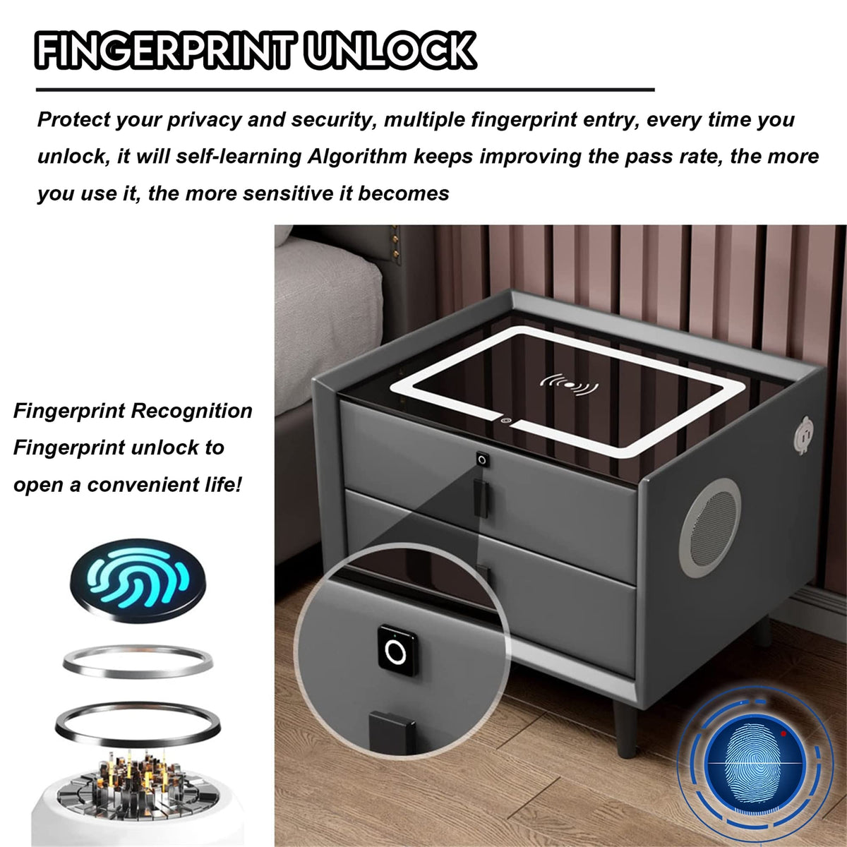 White 3 Drawer Smart Nightstand with Wireless Charging R3856