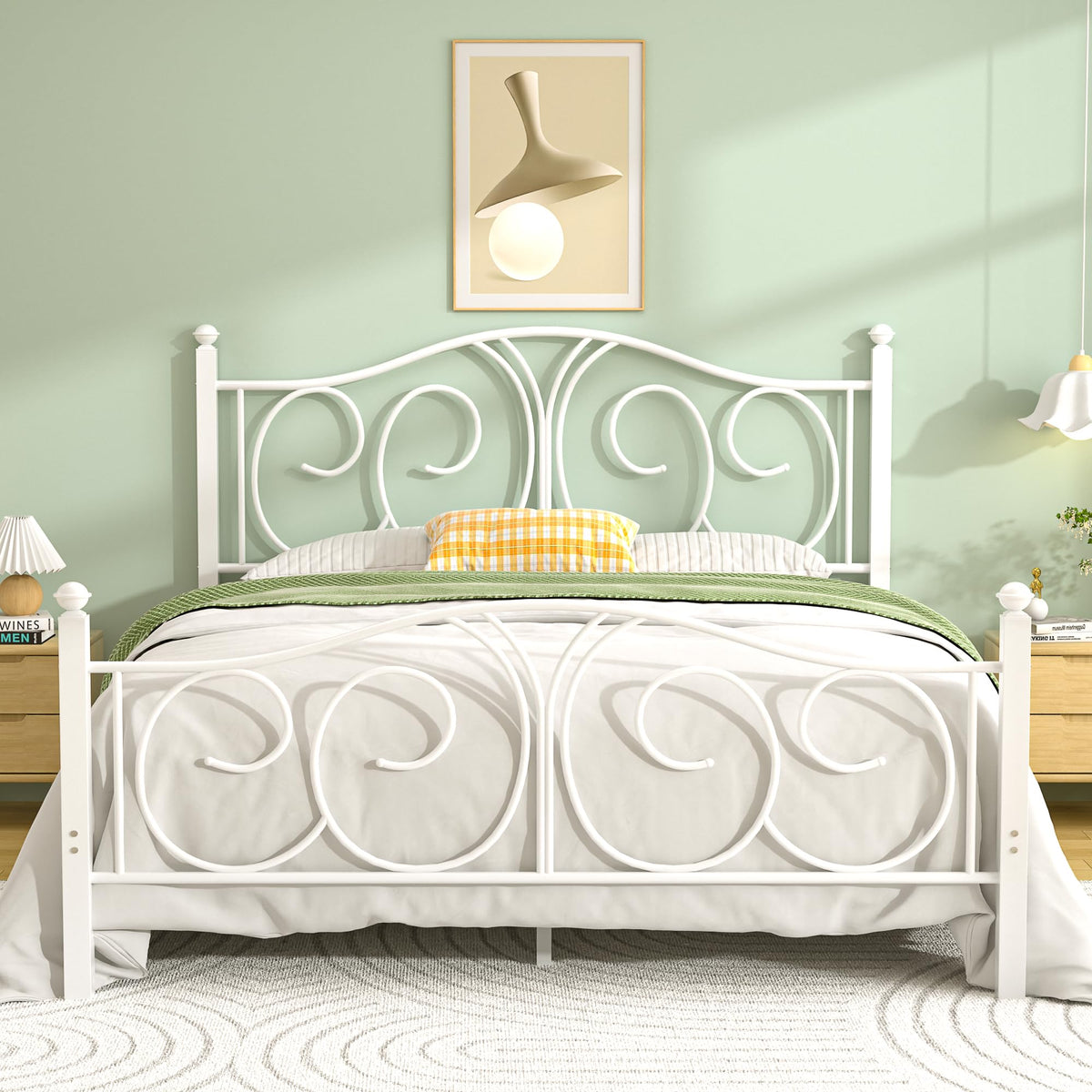 Full Size Pure White Metal Platform Bed Frame with Headboard and Footboard O496