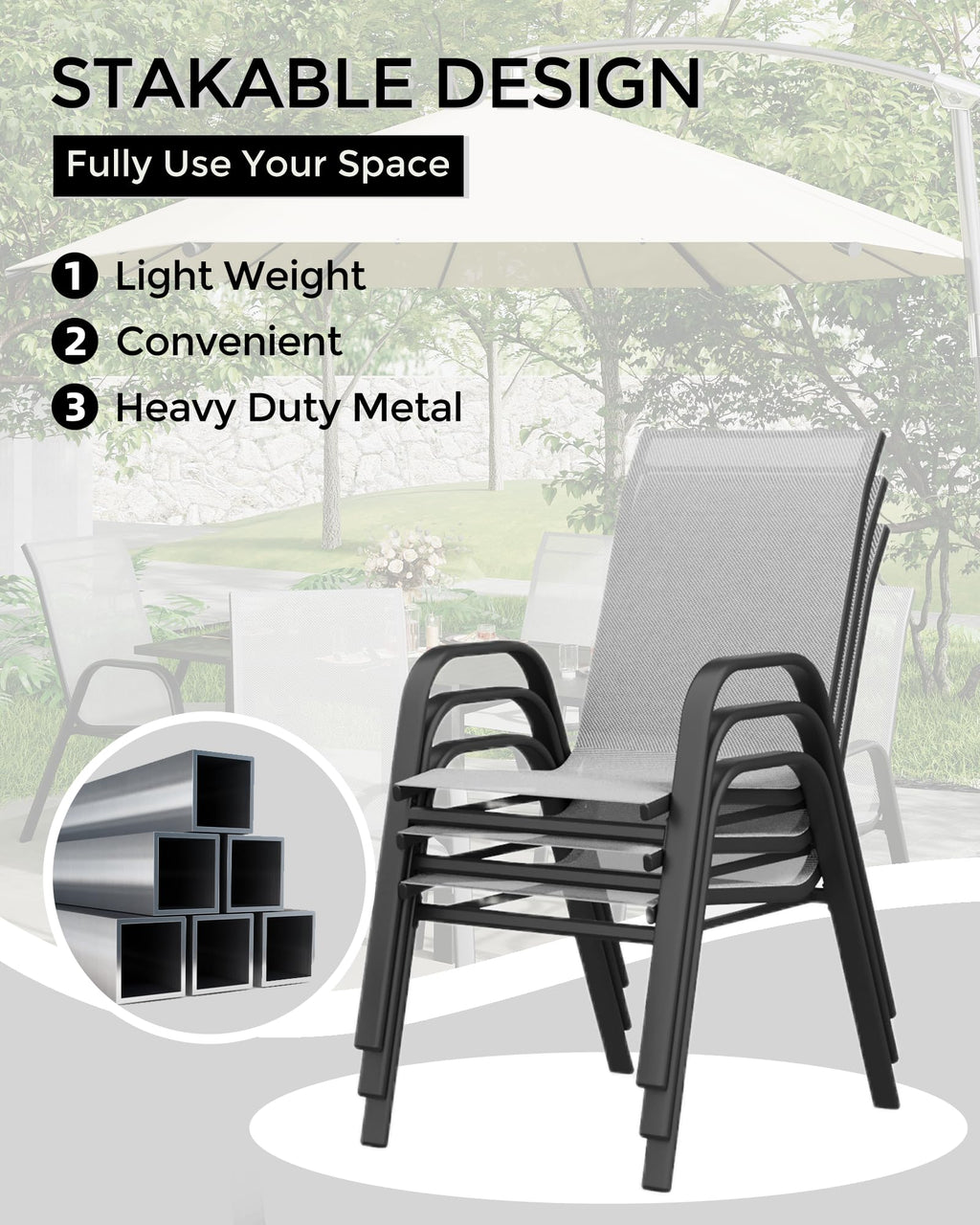 4 Pcs Stackable Grey Metal Textilene Patio Chairs Y522