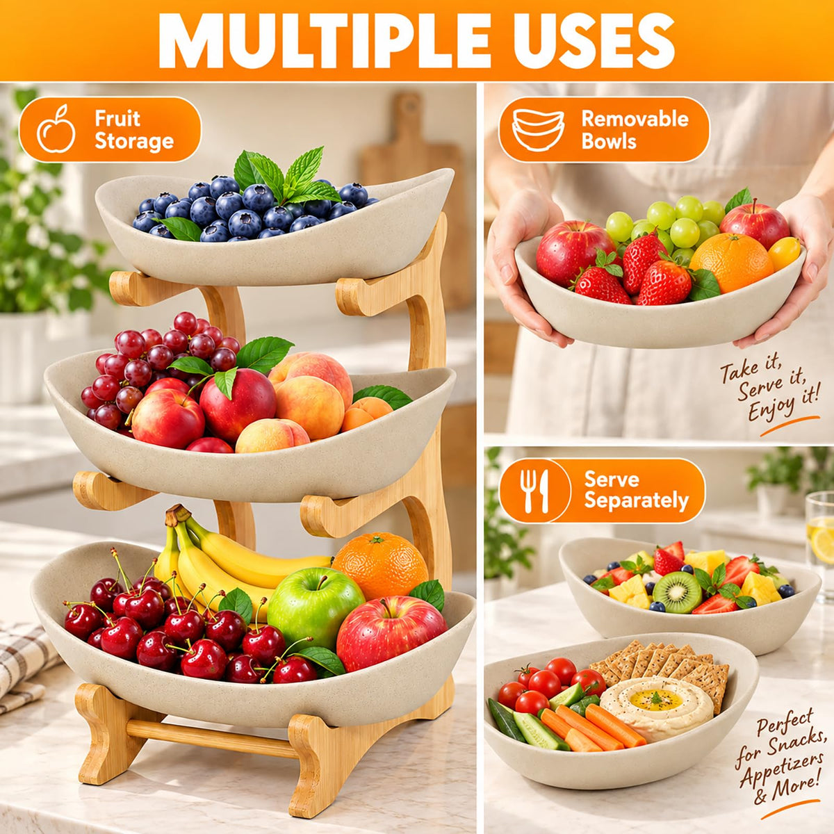 3 Tier Ceramic Fruit Basket with Bamboo Stand W47230