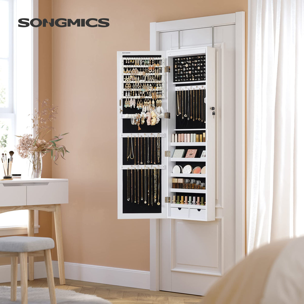 White Mirror Jewelry Cabinet with 2 Drawers Q545