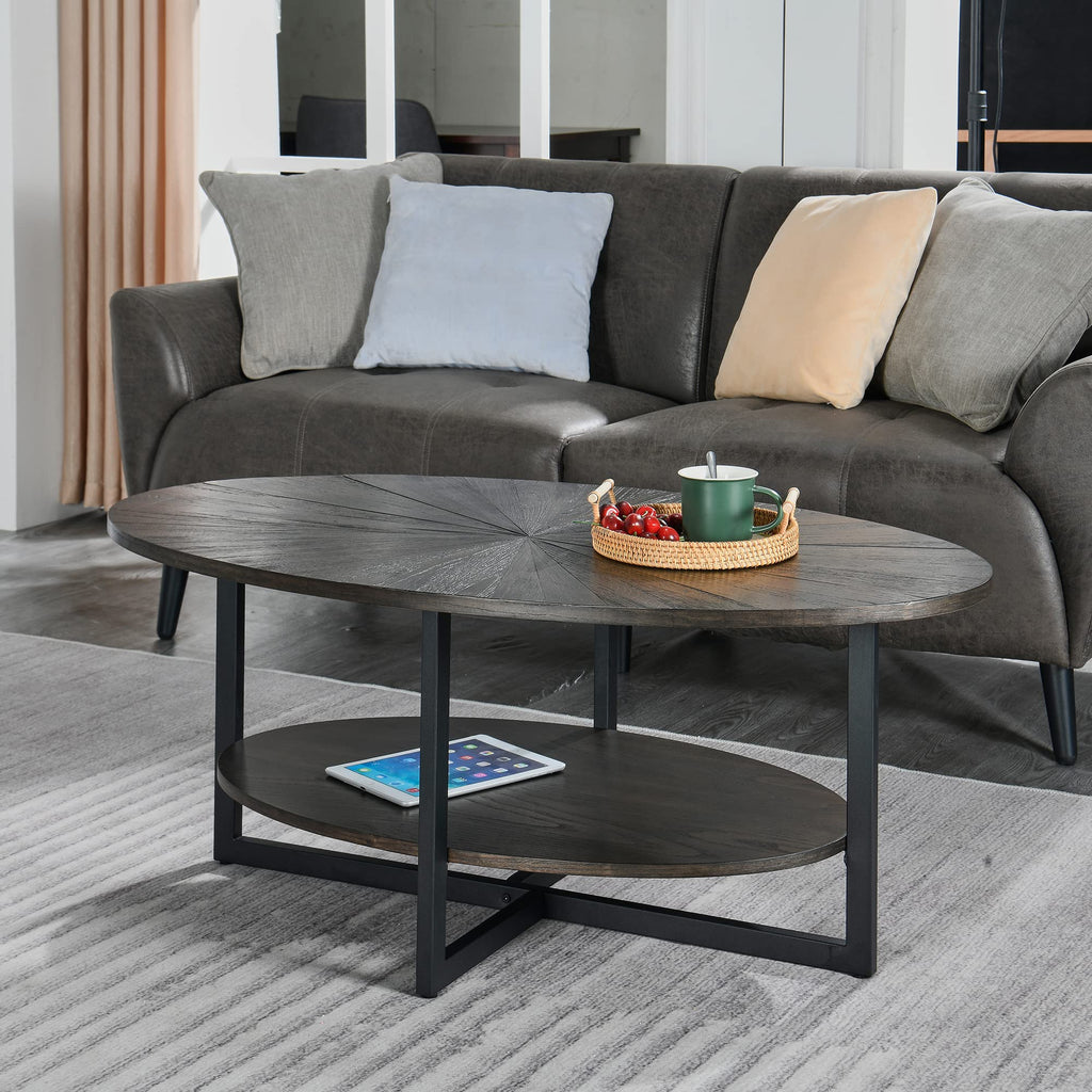 Wood Oval Coffee Table with Storage Shelf, 2-Tier, Black Brown O174