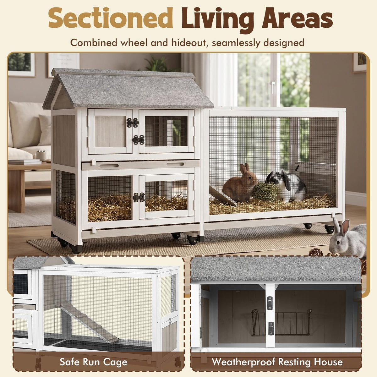 2-Story Wooden Rabbit Hutch with 3 Removable Trays E594