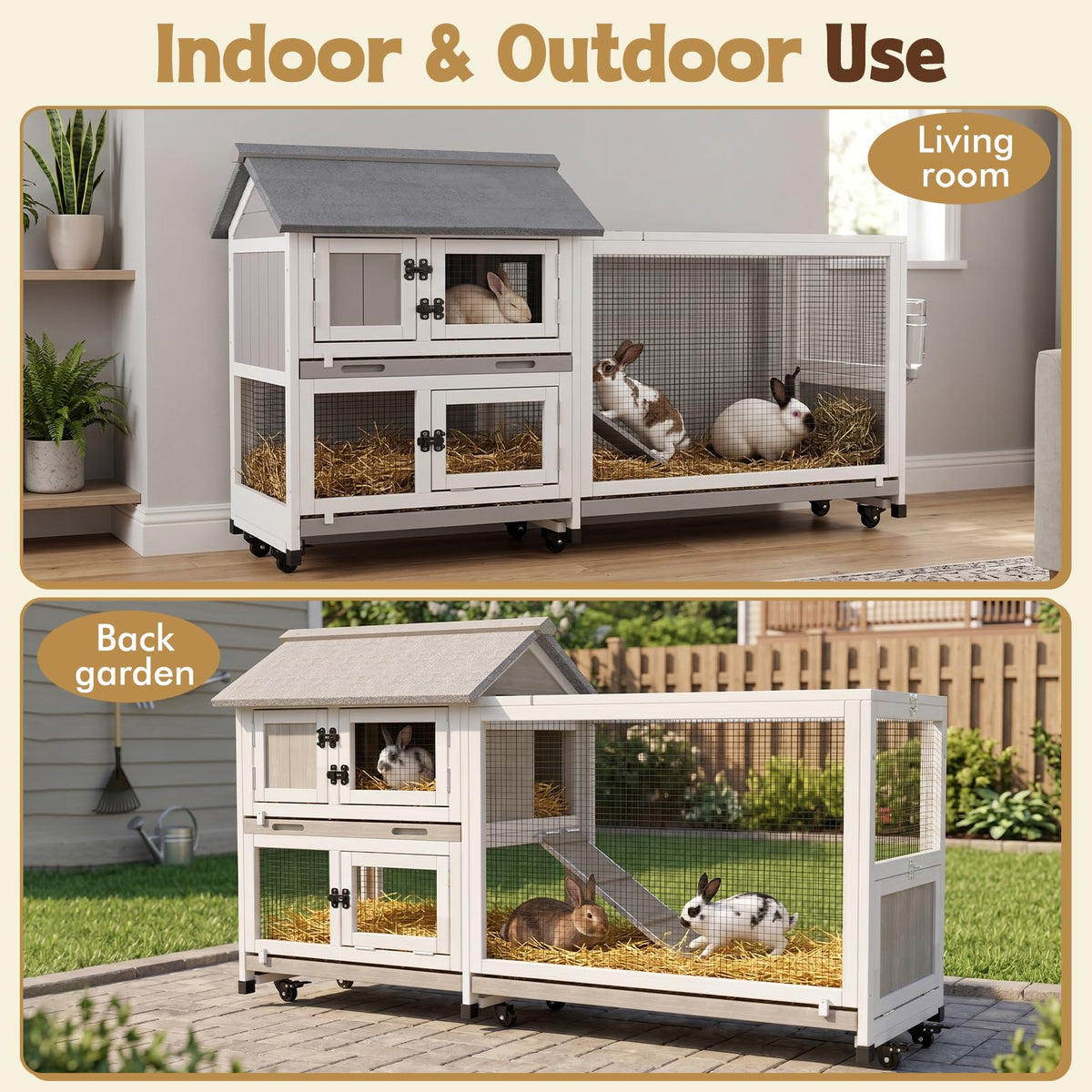 2-Story Wooden Rabbit Hutch with 3 Removable Trays E594