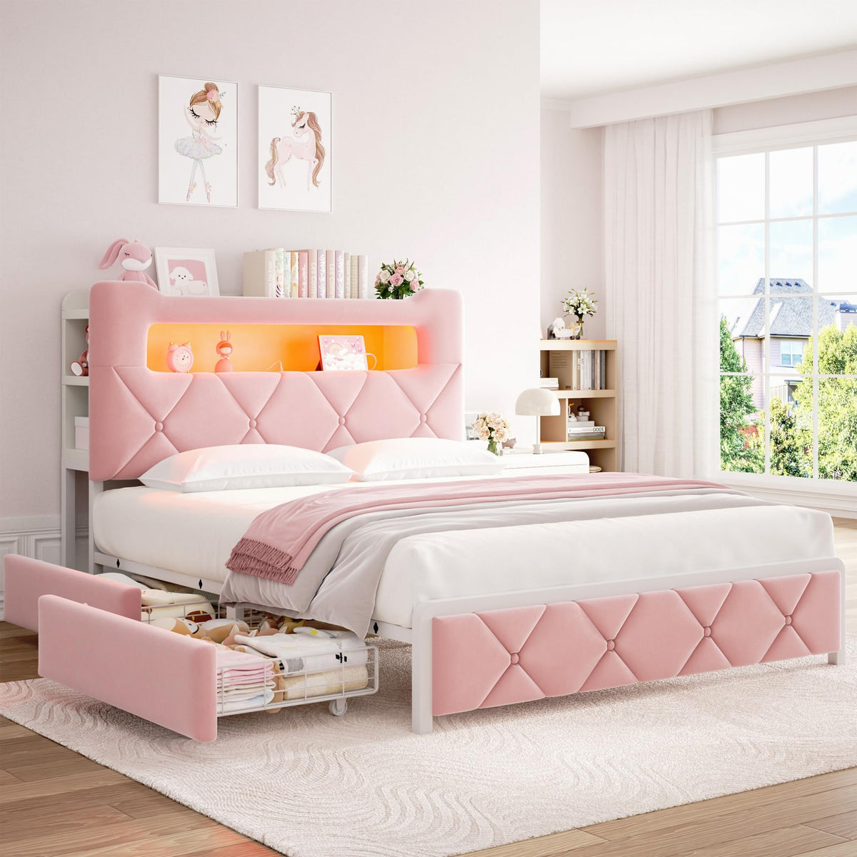 Pink Velvet Upholstered Platform Bed Frame with 2 Storage Drawers X75701