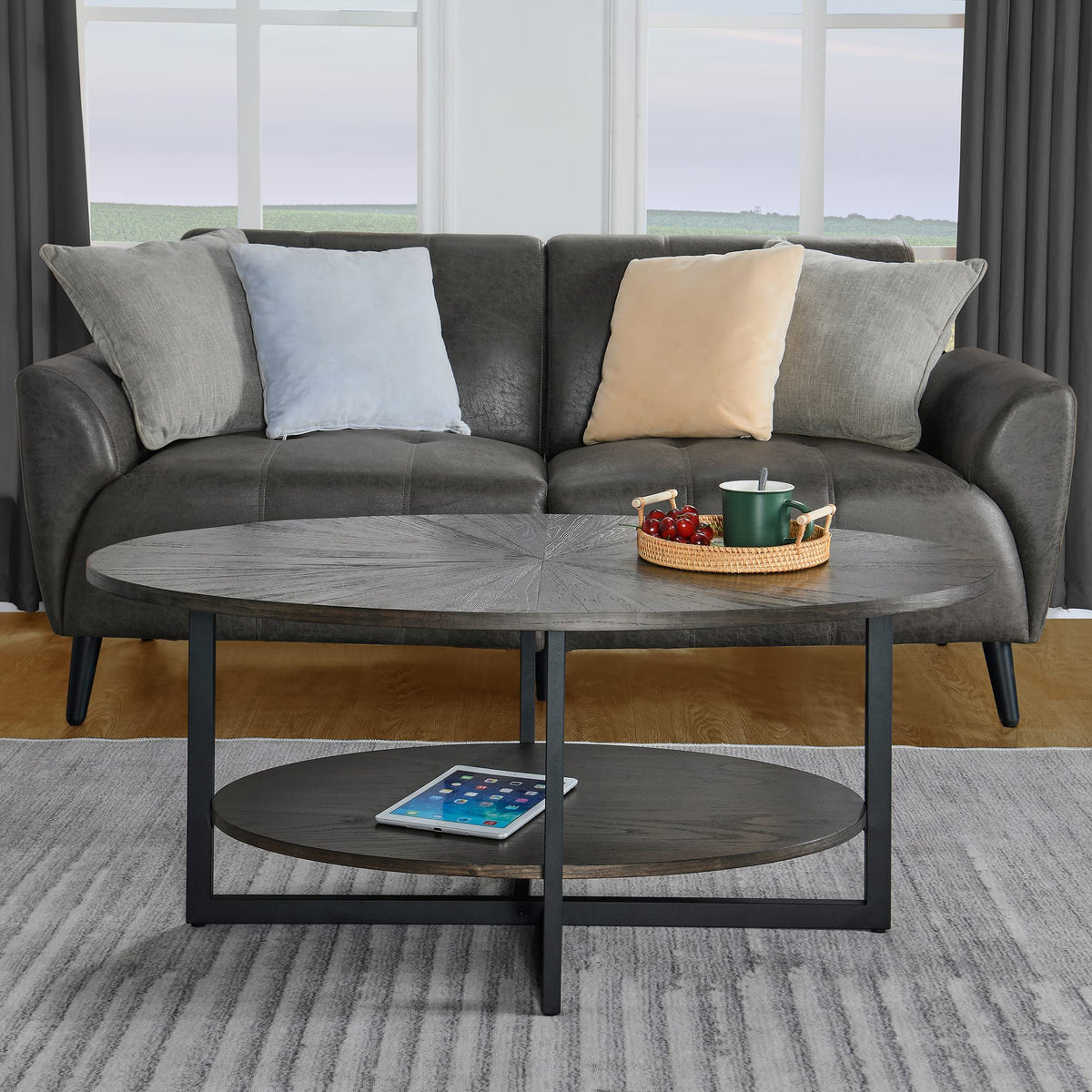 Wood Oval Coffee Table with Storage Shelf, 2-Tier, Black Brown O174